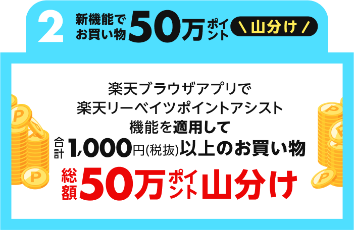 楽天リーベイツポイントアシスト機能を適用して、1,000円(税抜)以上のお買い物で50万ポイント山分け