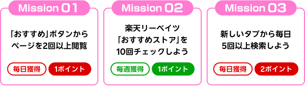 MISSION01｜「おすすめ」ボタンからページを2回以上閲覧しよう！ / MISSION02｜楽天リーベイツ「おすすめストア」を10回チェックしよう！ / MISSION03｜検索エンジンを楽天ウェブ検索に設定して、新しいタブから毎日5回以上検索しよう！